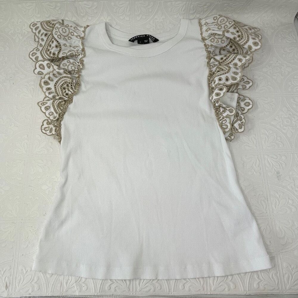 Veronica Beard White Light Khaki Ribbed Ruffled Eyelet Sleeve Julianka Top Small
